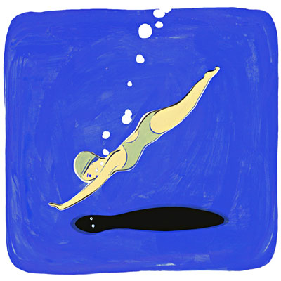 井上千裕が描く競泳水着姿の少女がプールの底に人の姿を見る