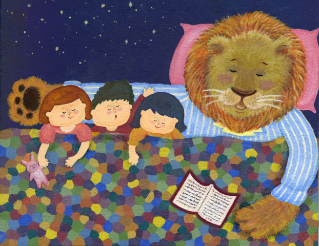 ライオンお父さんの腕枕で眠る子どもたち